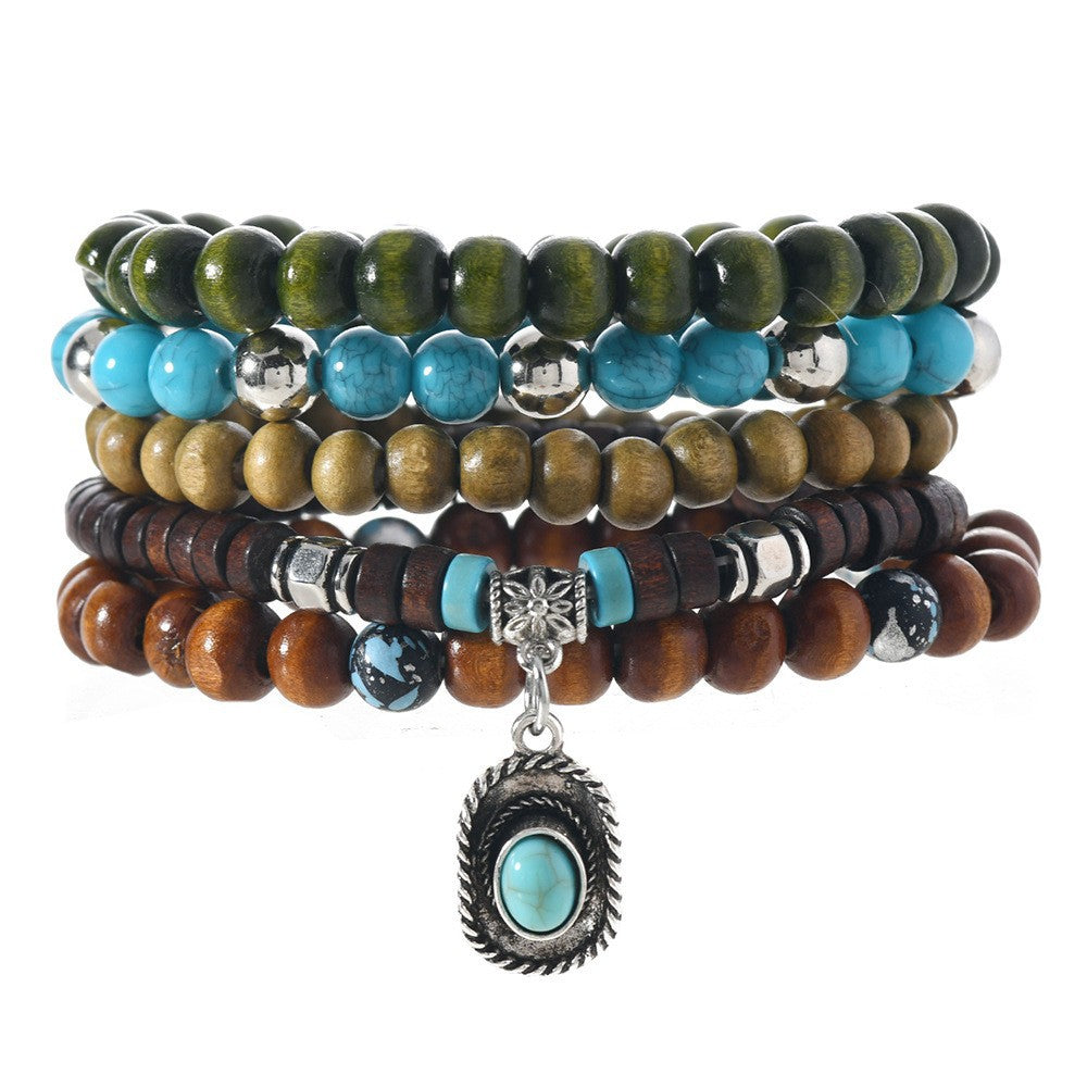 Bohemian Coconut Shell & Turquoise Bracelet Set — 5 Piece