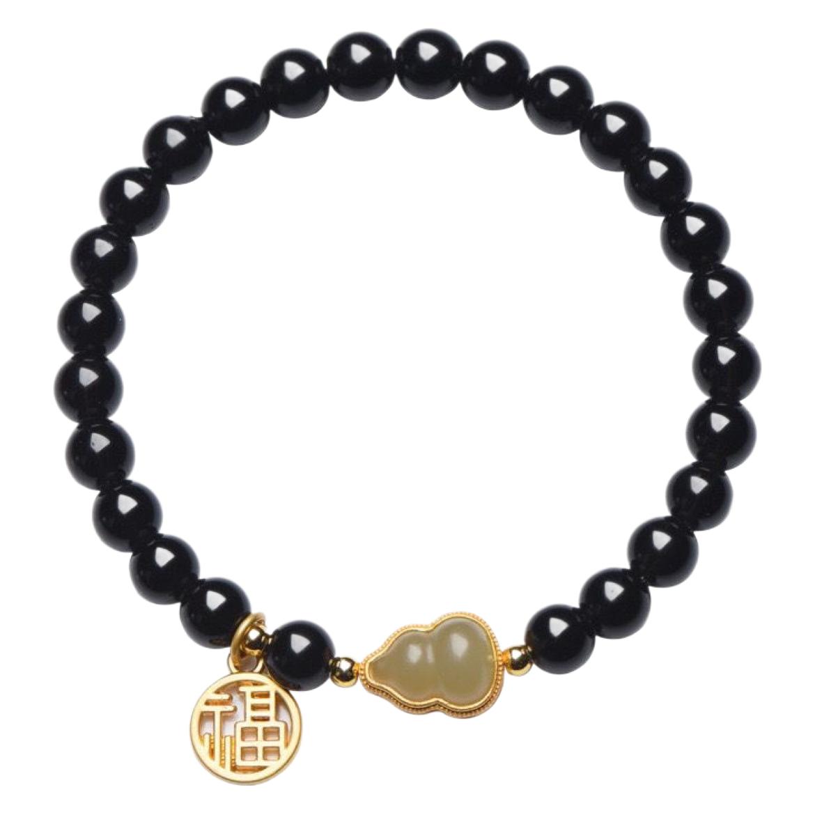 Hetian Jade & Obsidian Gourd Charm Bracelet