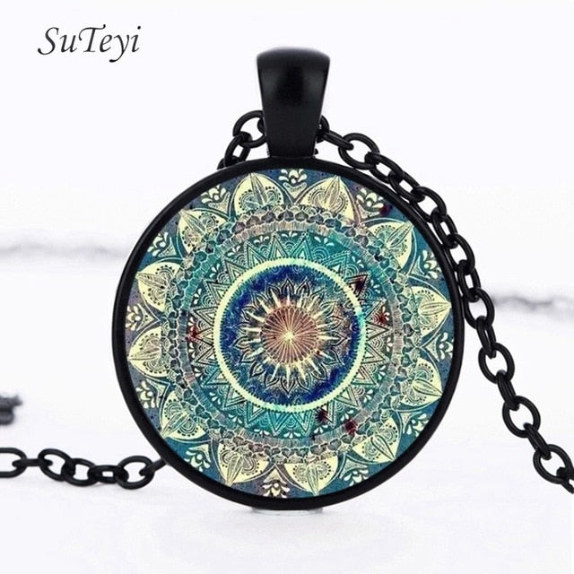 Vintage Glass Dome Mandala Pendant Necklace