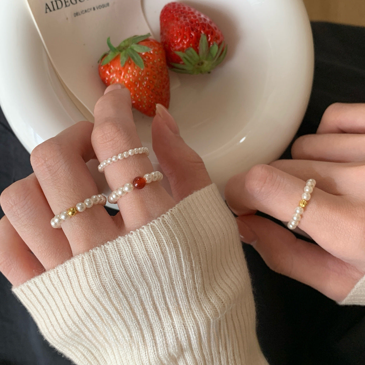 925 Silver Pearl & Onyx Elastic Stacking Ring