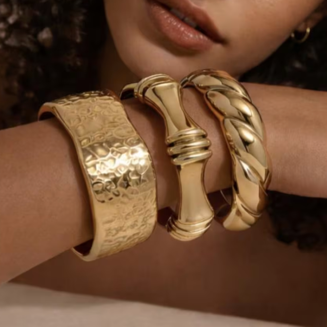 18K Gold Wide Cuff Bracelet Set — 3 Pieces