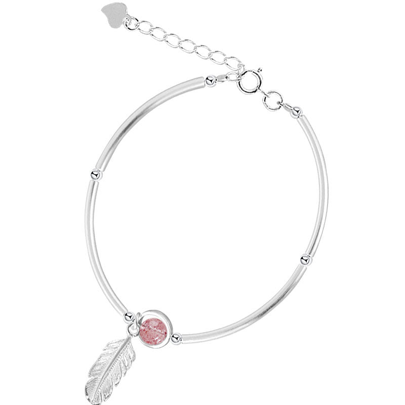 Sterling Silver Feather & Strawberry Crystal Bracelet