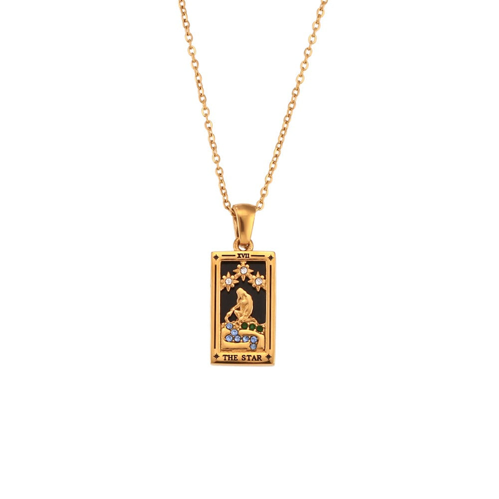 Ins Fashion Vintage Popular Pendant Jewelry Stainless Steel Rectangular Oil Drip Zirconia Tarot Necklace