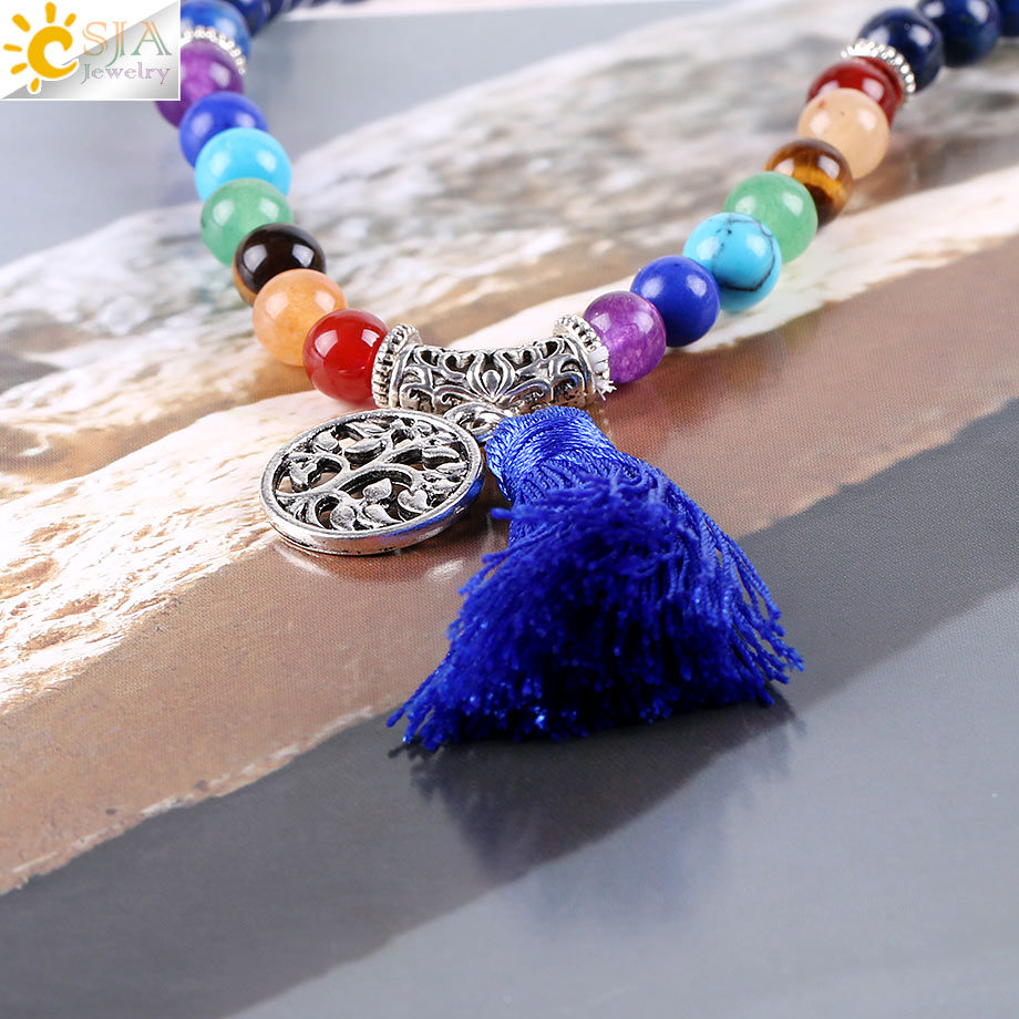 7 Chakra Mala Bracelet with Tree of Life & Blue Tassel