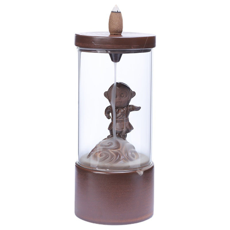 Monkey King Backflow Incense Burner with Glass Windscreen
