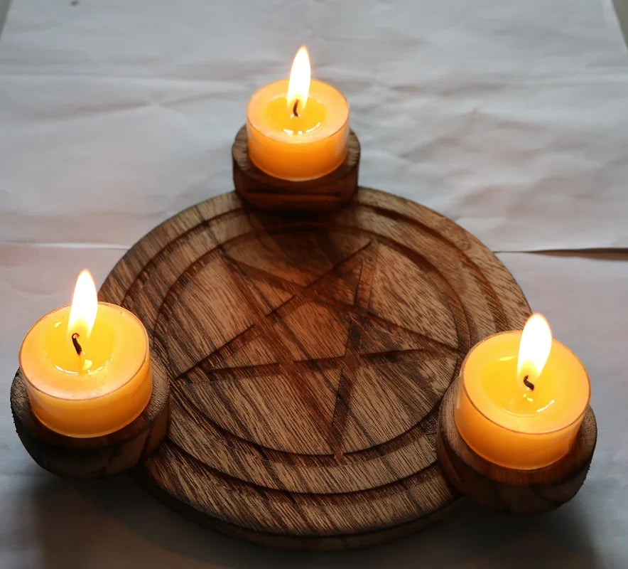 Wooden Pentagram Altar Plate & Candlestick