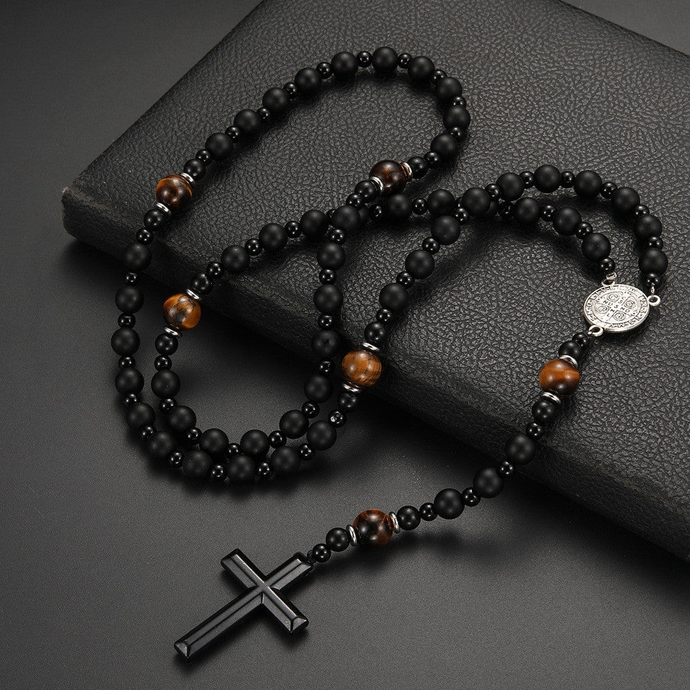 Volcanic Stone Cross Necklace | Natural Stone Bead Rosary