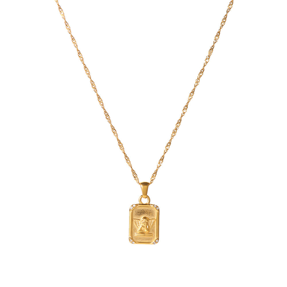 18K Gold Square Angel Relief Pendant Necklace