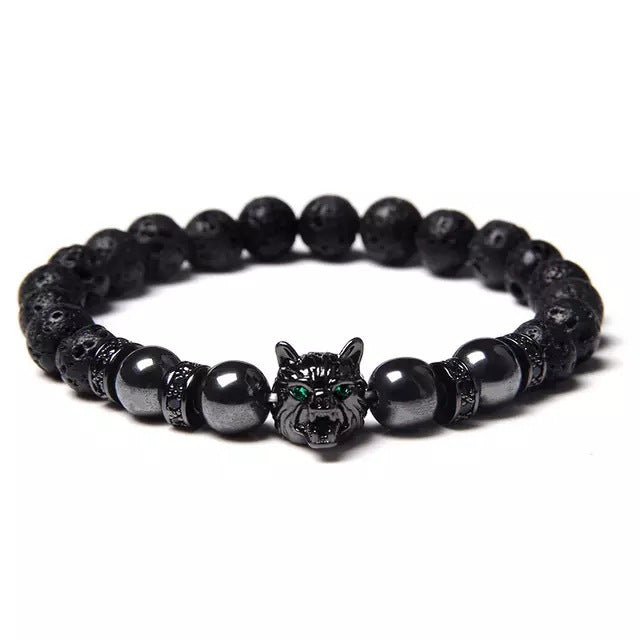 Mens Wolf Head Stone Bead Bracelet