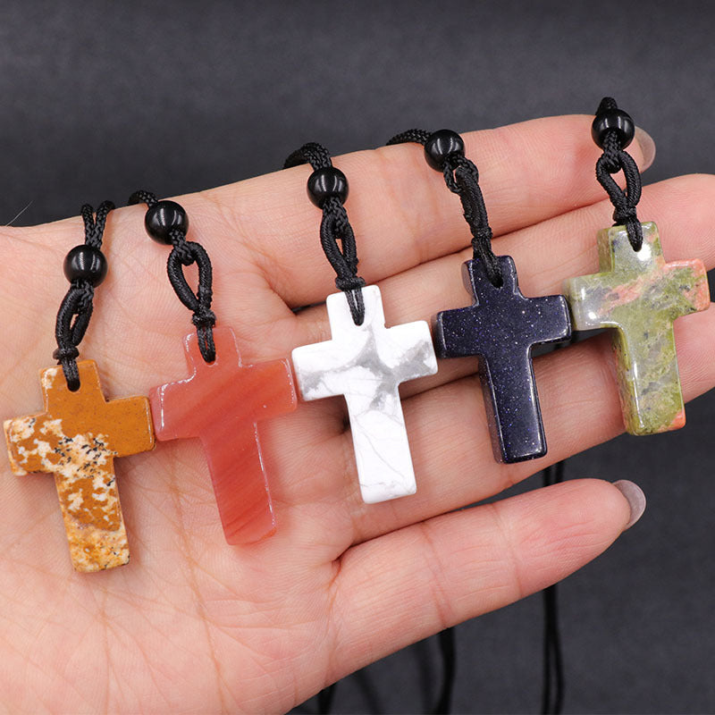 Natural Crystal Agate Woven Cross Necklace