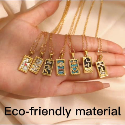Ins Fashion Vintage Popular Pendant Jewelry Stainless Steel Rectangular Oil Drip Zirconia Tarot Necklace