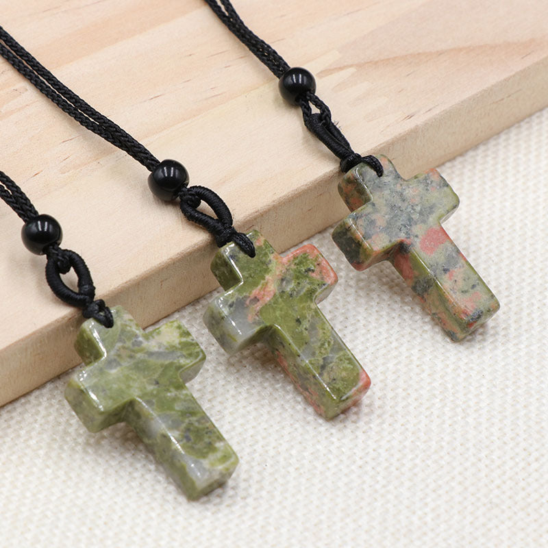 Natural Crystal Agate Woven Cross Necklace
