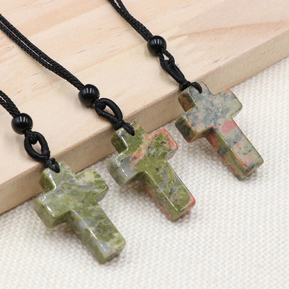Natural Crystal Agate Woven Cross Necklace