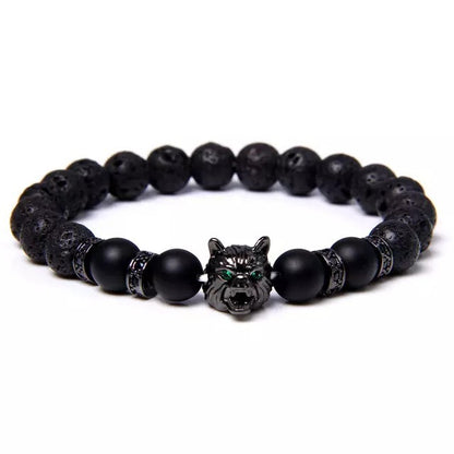 Mens Wolf Head Stone Bead Bracelet