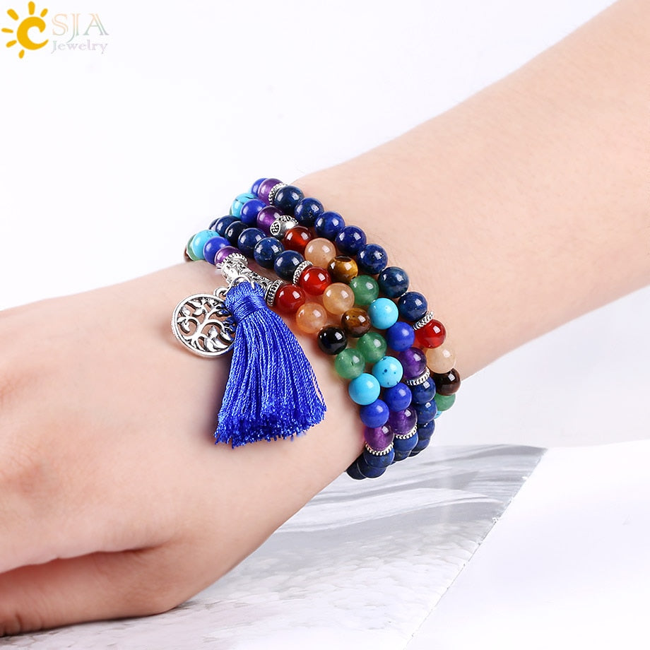 7 Chakra Mala Bracelet with Tree of Life & Blue Tassel