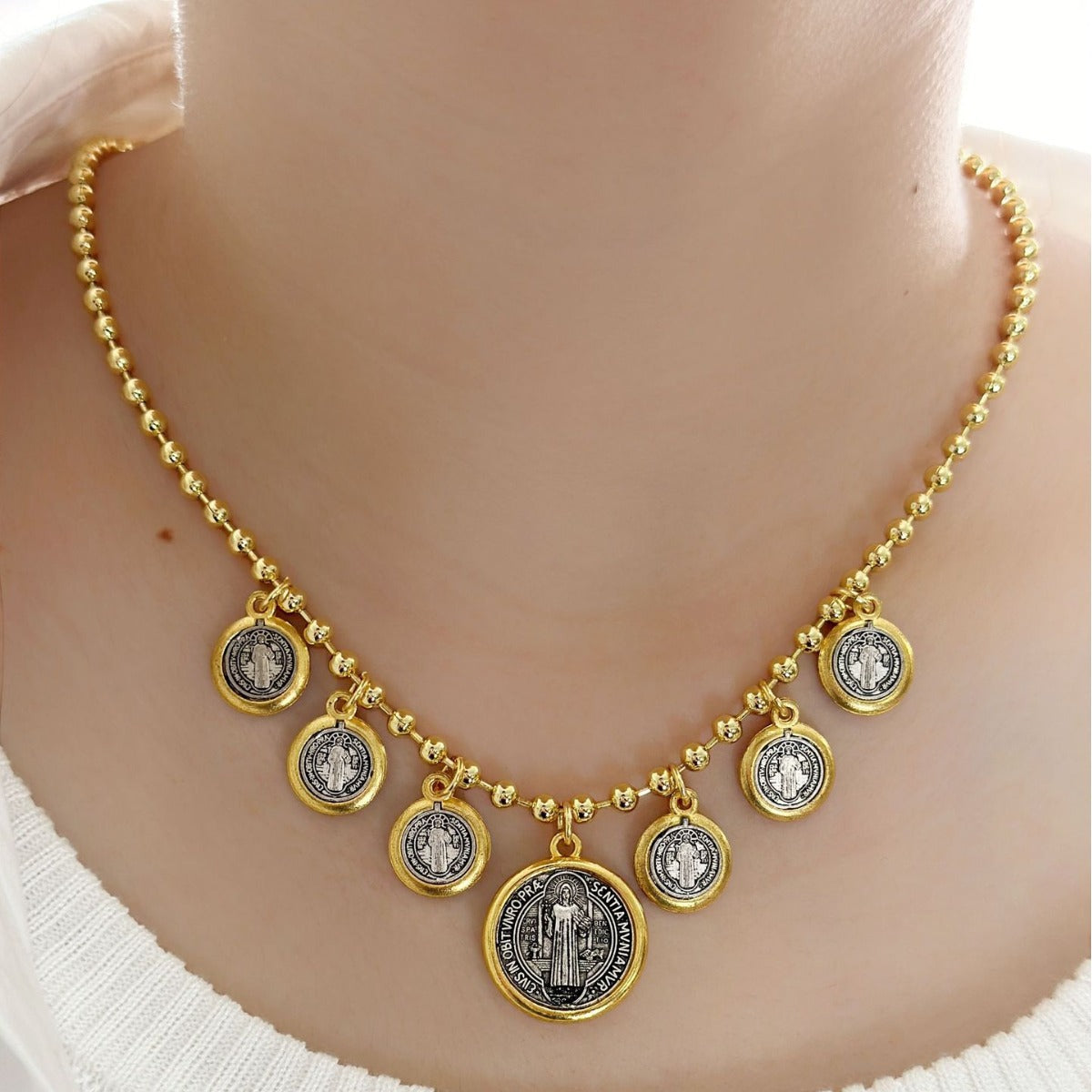 Saint Benedict Pendant Necklace Gold Plated Chain