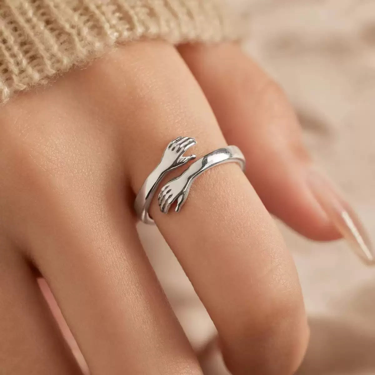S925 Sterling Silver Embracing Hands Ring