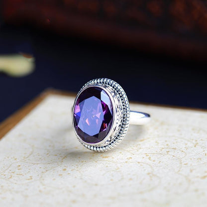 925 Silver Geometric Amethyst Statement Ring | Retro Ethnic Style