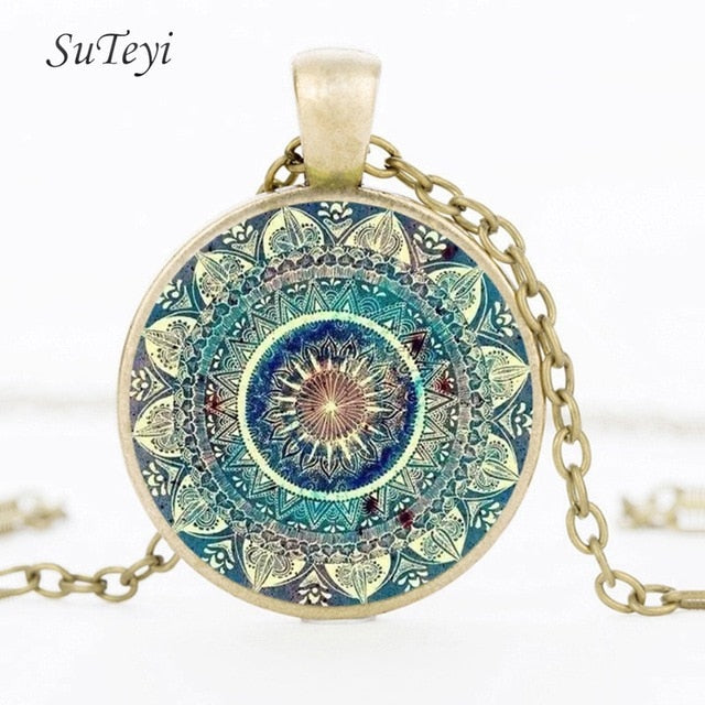 Vintage Glass Dome Mandala Pendant Necklace