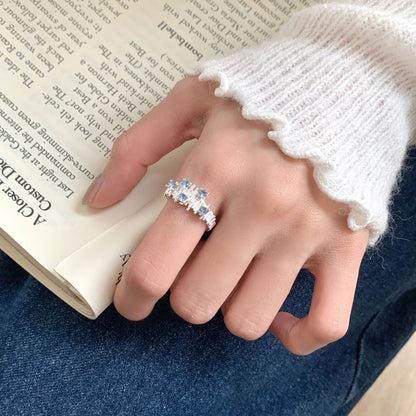 S925 Sterling Silver Aqua Blue Zircon Geometric Ring