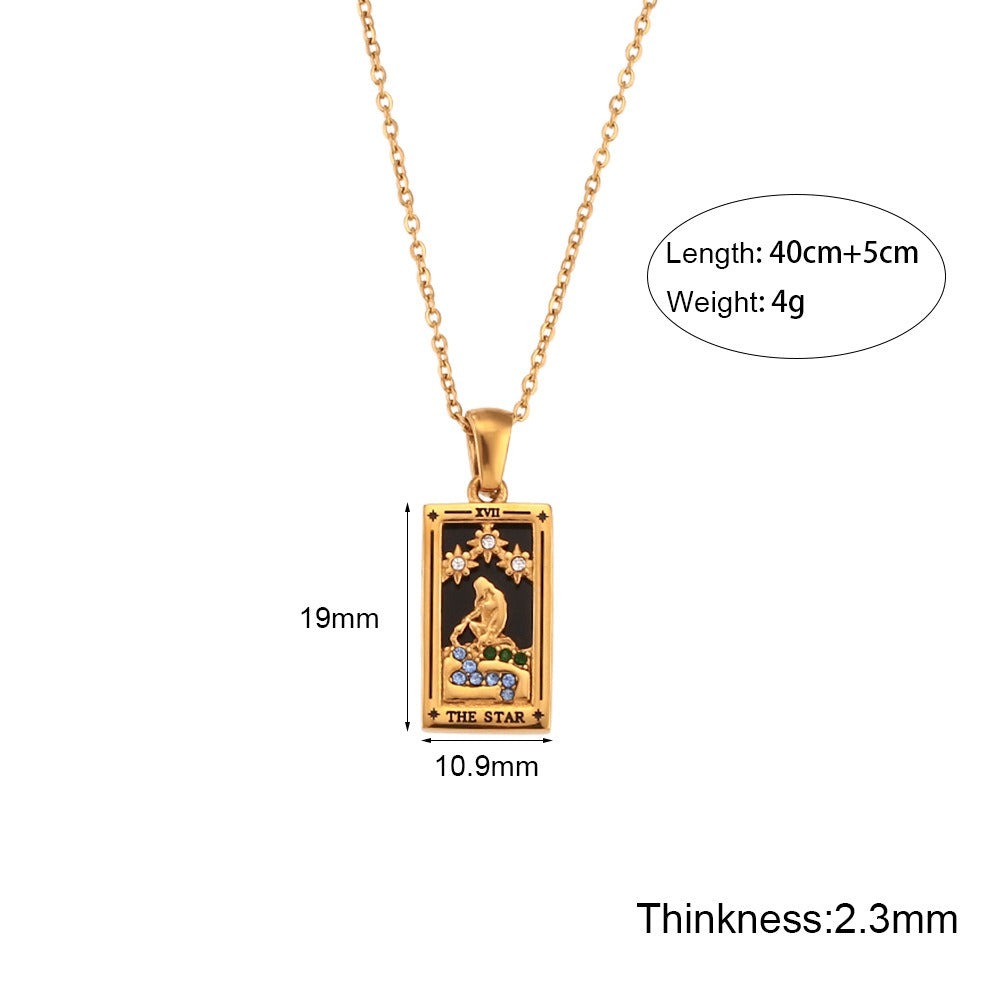 Ins Fashion Vintage Popular Pendant Jewelry Stainless Steel Rectangular Oil Drip Zirconia Tarot Necklace