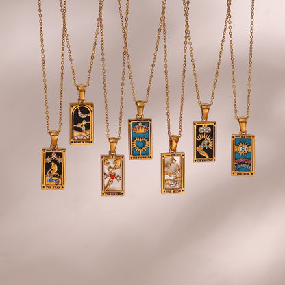 Ins Fashion Vintage Popular Pendant Jewelry Stainless Steel Rectangular Oil Drip Zirconia Tarot Necklace