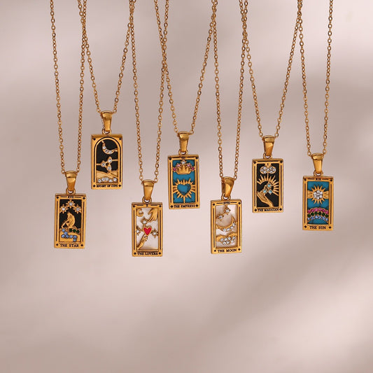 Ins Fashion Vintage Popular Pendant Jewelry Stainless Steel Rectangular Oil Drip Zirconia Tarot Necklace