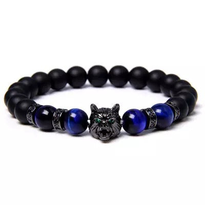 Mens Wolf Head Stone Bead Bracelet