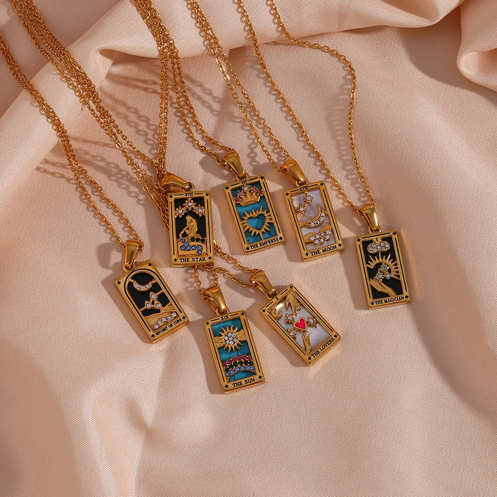 Ins Fashion Vintage Popular Pendant Jewelry Stainless Steel Rectangular Oil Drip Zirconia Tarot Necklace