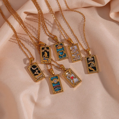 Ins Fashion Vintage Popular Pendant Jewelry Stainless Steel Rectangular Oil Drip Zirconia Tarot Necklace