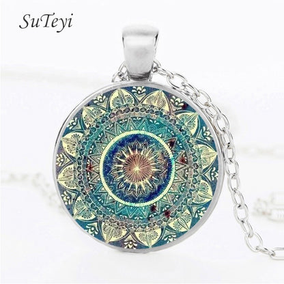 Vintage Glass Dome Mandala Pendant Necklace