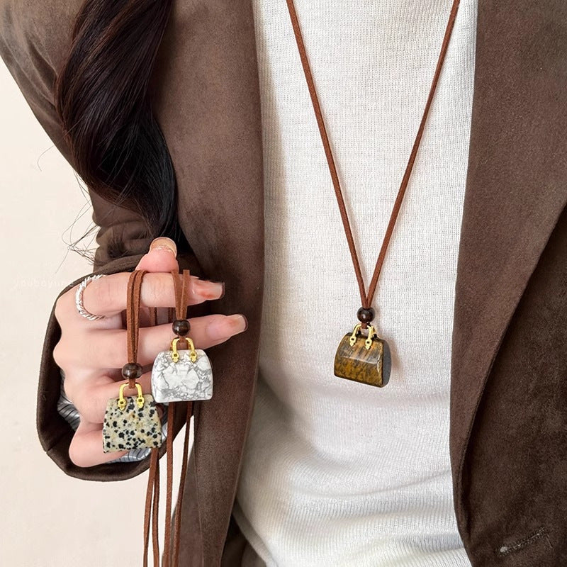 Stone Bag Necklace | Korean Velvet Rope Long Pendant