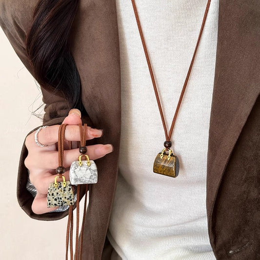 Stone Bag Necklace | Korean Velvet Rope Long Pendant