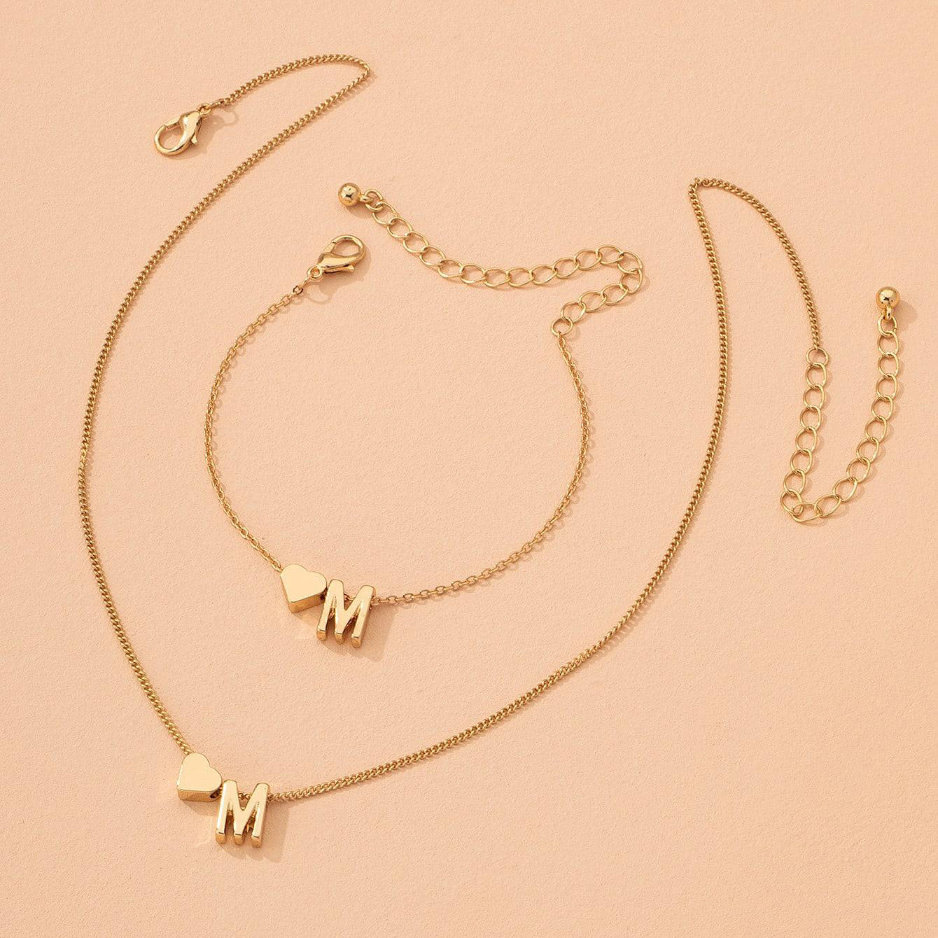 English Letter Heart Charm Necklace Bracelet