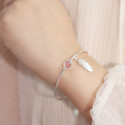 Sterling Silver Feather Strawberry Crystal Bracelet
