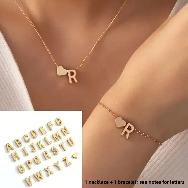 English Letter Heart Charm Necklace Bracelet