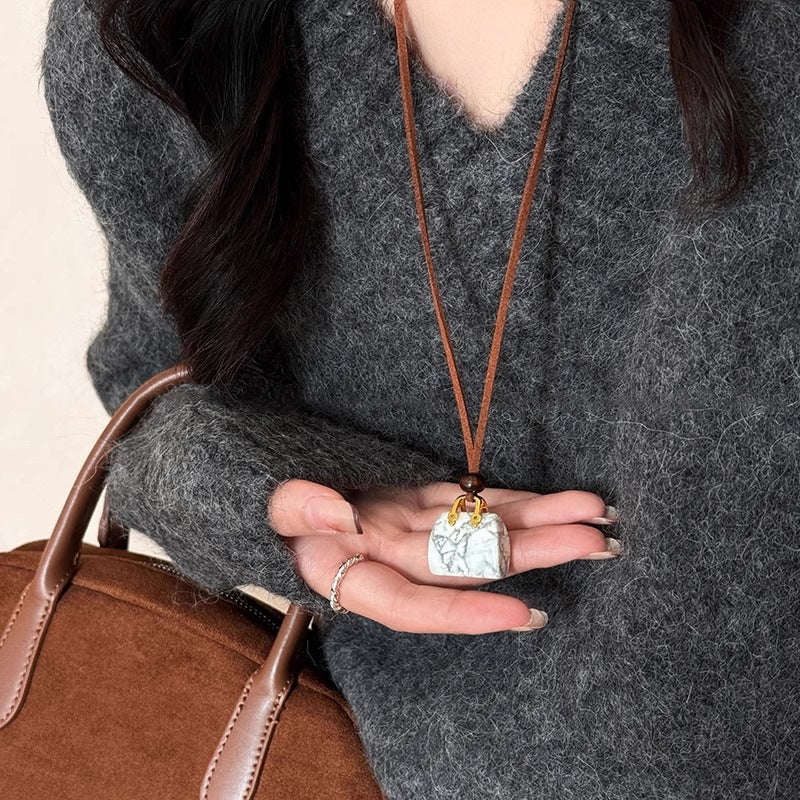 Stone Bag Necklace | Korean Velvet Rope Long Pendant