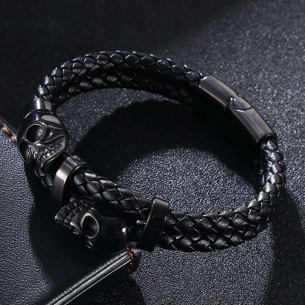 Skull Stainless Steel Leather Braided Bracelet for Men
