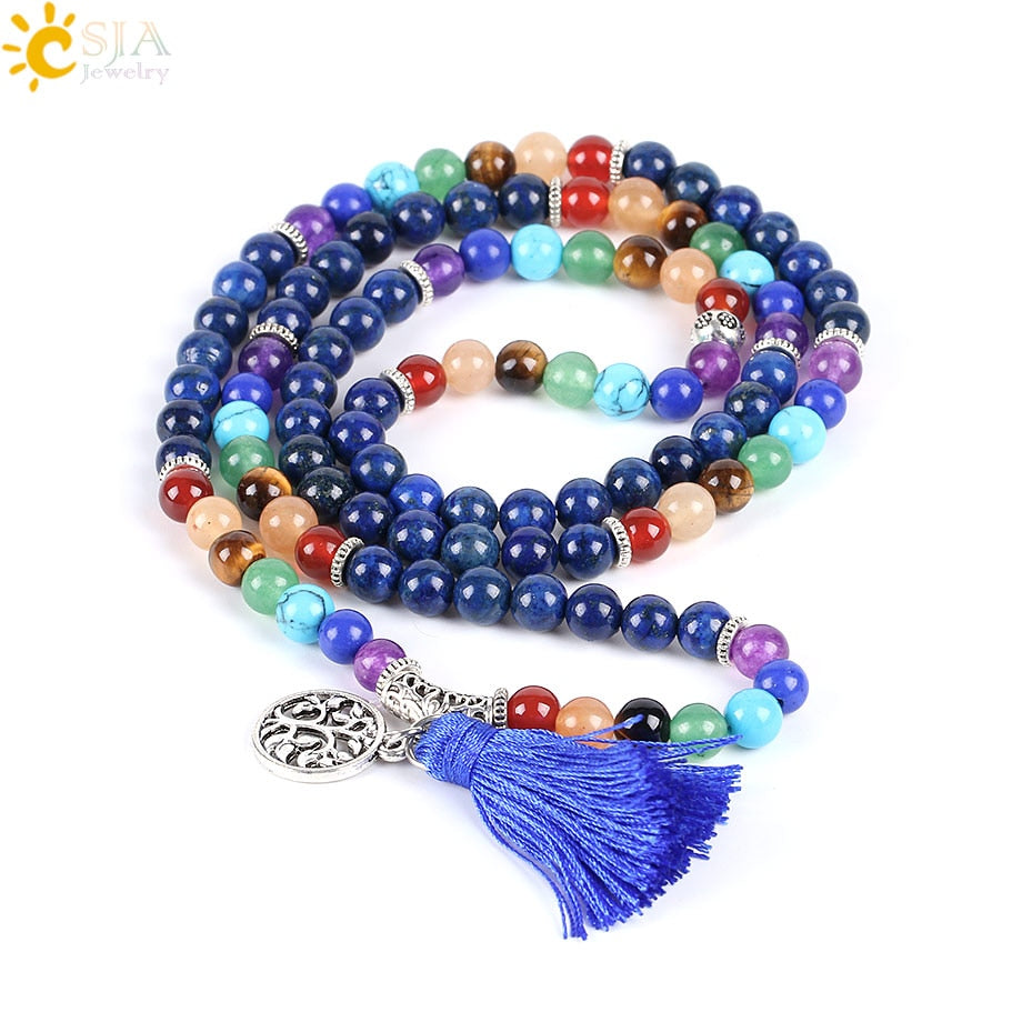 7 Chakra Mala Bracelet with Tree of Life & Blue Tassel