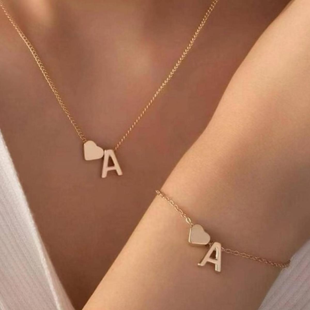 English Letter Heart Charm Necklace Bracelet