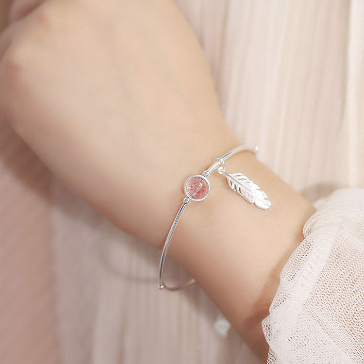 Sterling Silver Feather Strawberry Crystal Bracelet
