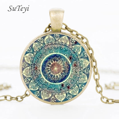 Vintage Glass Dome Mandala Pendant Necklace