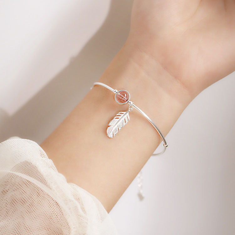 Sterling Silver Feather Strawberry Crystal Bracelet