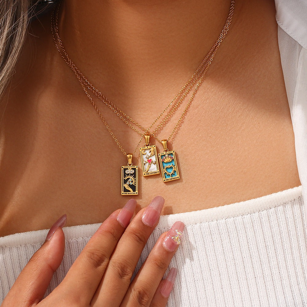 Ins Fashion Vintage Popular Pendant Jewelry Stainless Steel Rectangular Oil Drip Zirconia Tarot Necklace