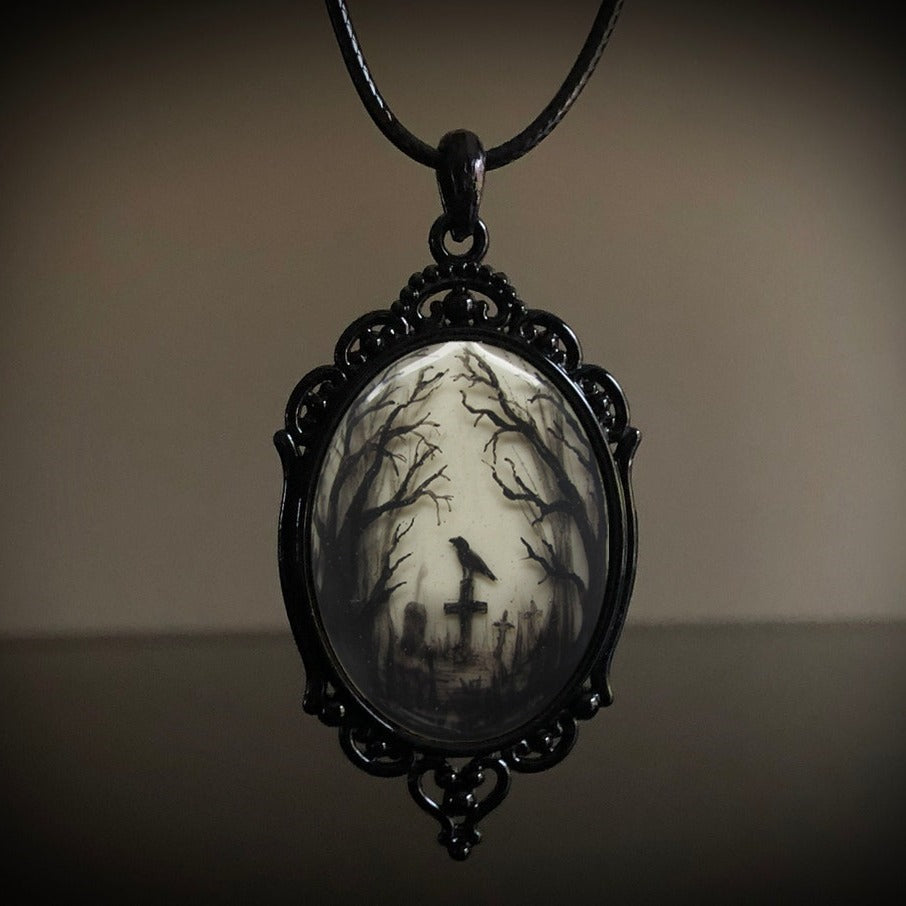 Retro Gothic Crow & Cross Pendant Necklace