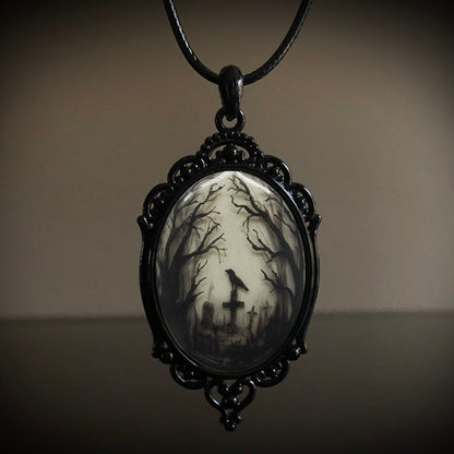 Retro Gothic Crow & Cross Pendant Necklace