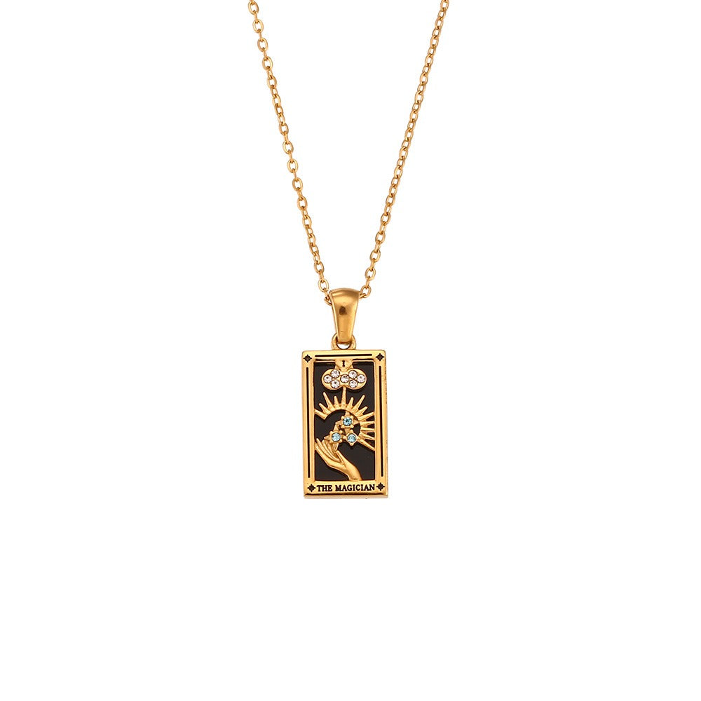 Ins Fashion Vintage Popular Pendant Jewelry Stainless Steel Rectangular Oil Drip Zirconia Tarot Necklace