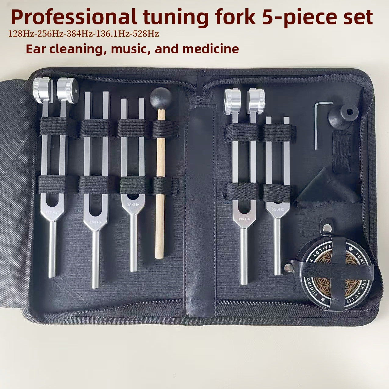 Professional Tuning Fork Set (128Hz, 256Hz, 384Hz, 136.1Hz, 528Hz)