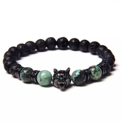 Mens Wolf Head Stone Bead Bracelet