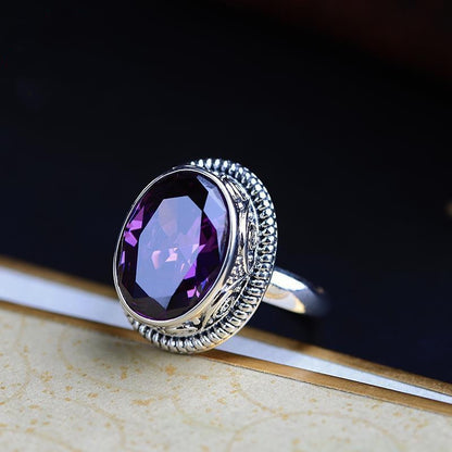925 Silver Geometric Amethyst Statement Ring | Retro Ethnic Style